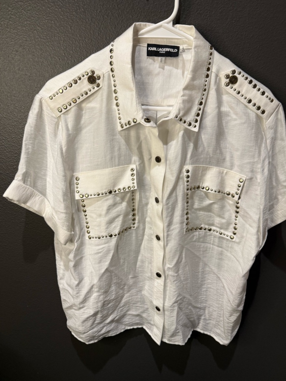 Karl Lagerfeld White Short-Sleeve Stud-Trim Button Shirt